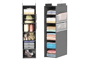ALLTIDYUP Organizer Armadio da Appendere–6 Ripiani e Tasche in Rete,Borsa Sospesa Strutturata,Pieghevole e Salvaspazio per Vestiti,Scarpe,Cappelli – Ideale per Dormitori,Camper e Armadi–Grigio
