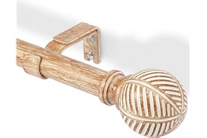 DEFYNEE Tringle à rideaux en bois 76-219 cm, tringle à rideaux de 25 mm de diamètre, tringle à fenêtres réglable avec motif imitation de feuilles de céréales, pour patio, portes vitrées, salon - Brun