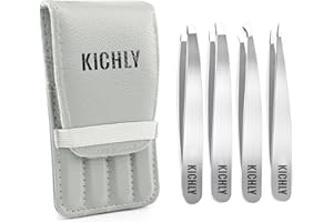 KICHLY Pince à épiler professionnelle en acier inoxydable pour les sourcils - Jeu de 4 pinces de précision pour l'élimination des poils incarnés, des poils du visage, des points noirs (Argent)