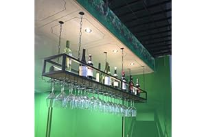 DSVONAUS Ceiling Shelf Wine Rack with Glass Holder, Hanging Metal Wine Bottle Holder, Industrial Ceiling Wine Rack, Height Adjustable, Ceiling Decoration Shelf for Bars, Restaurants, Kitchens (140 x