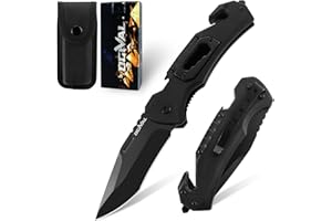 Ogival Folding Knife (Two-Handed Knife), 20 cm Pocket Knife with Aluminium Handle and Pocket Clip, 5-in-1 Edc Knife with Nylon Sheath, for Outdoors, Camping, Fishing, Hunting, Black