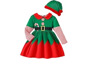 RAOPUZI Disfraz Navidad Elfo Bebe Niña, Vestido Niña de Bautizo, Disfraces de Navidad para Bebé con Gorro Vestido de Bebé Niñas de Rayas Rojo Y Verde Body Bebe Manga Larga Conjunto de Elfa Navideño