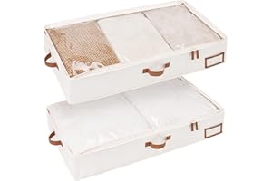 StorageWorks Underbed Storage Boxes with Lids, Large Under Bed Storage Box Containers for Bedroom Accessories Organising Clothes Bedding, Rigid Under Bed Organisers Ultra Thick, Ivory White, 2-Pack