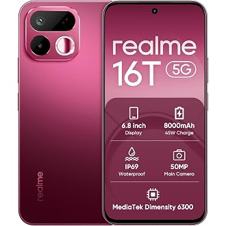 realme 16T 5G Smartphone 8GB+128GB, 8000mAh Battery,45W Fast Charging, 6.8" 144Hz Display,Rear 50MP+Front 16MP, Dimensity 6300, IP69, AI Camera, Red