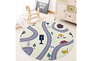 USTIDE Road Traffic Kids Play Area Rug Round Washable Playroom Educational & Fun with Cars and Trees Non-Slip Children Nursery Rugs Living Room Bedroom Classroom