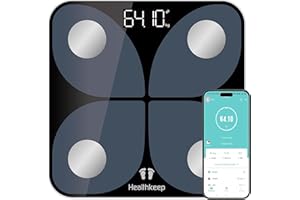 HEALTHKEEP Cyfrowa waga osobowa z aplikacją Smart Waga, Bluetooth do analizy tkanki tłuszczowej, BMI, masy mięśniowej, białka, BMR, czarna, 26 cm x 26 cm