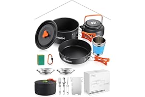 HOMGEN Set de Cuisine de Camping avec Pare-Brise Ensemble de Casseroles et Poêles de Camping en Aluminium pour 2-3 Personnes - Batterie de Cuisine Portable Légère pour l’extérieur, la Randonnée