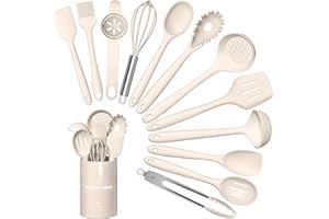 Terlulu Set di utensili da cucina, 13 pezzi, in silicone, resistenti al calore, con porta utensili, set di utensili da cucina, lavabili in lavastoviglie, colore: kaki