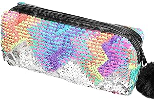 PHOGARY Mermaid Sequins Pencil Case for Girls, Secondary School Pencil Bags with Fluffy Zipper, Pencil Pouch Glitter Pen Case Organizer for Students, Women Glitter Makeup Pouch (Colorful,Silver)