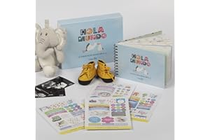 HappyMots - Album Fotos Bebé Niño | HappyMots | 22cm x 15cm | Hola Mundo | Viene con Caja Protectora | Album Bebé para Pegar Fotos y Escribir | Set de Pegatinas Decorativas Incluido