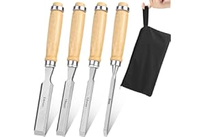 MUMJOOYI Ciseaux à bois Professionnels 4 Pièces Ensemble de Ciseaux à Bois 6, 12, 19, 24mm Ciseau a Bois avec Poignée et Sac de Rangement pour Débutants et Professionnels (4 Pièces Ensemble de Ciseaux à Bois)