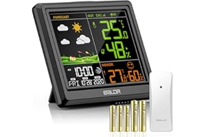 HONMICON Wetterstation Funk mit Außensensor | Innen Außen Hygrometer- und Thermometer | Farbdisplay | 3 Einstellbare Helligkeit | mit Wettervorhersage | Temperaturwarnung | Wecker