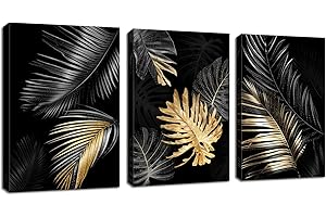 FajerminArt 3 Pcs Quadri Moderni Grande Stampa su Tela Foglia di Monstera Tropicale Nero e Oro pittura su tela poster Decorazione Murale Soggiorno Camera da letto 90x40cm(30x40cmx3)