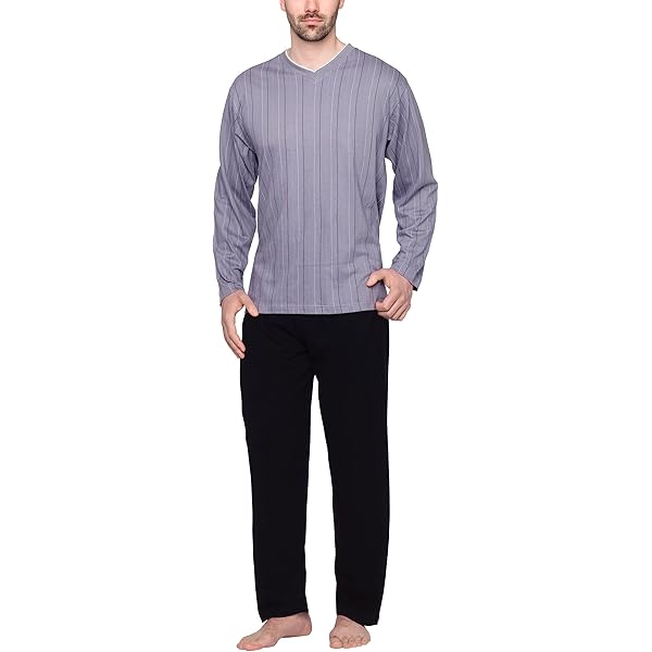 Bresdk Herenpyjama-set met lange mouwen, katoen, geruit, nachtkleding, loungewear, pyjamaset, tweedelige nachtkleding met zakken, Grijs, L