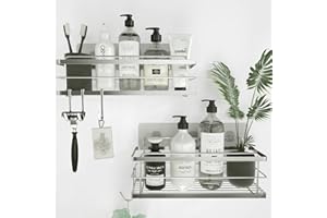 KINCMAX Shower Shelf 2-Pack - Self Adhesive Shower Caddy with 4 Hooks - No Drill Large Capacity Stainless Steel Shelves - Aesthetic Organiser for Bathroom Wall - Polished Silver