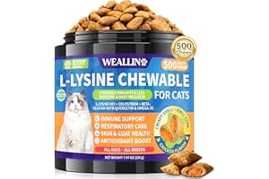 WEALLIN L-Lysine Chews for Cats 500 Chews, Respiratory & Overall Health Support Crunchy Shell with Krill Core, with Colostrum & Omega-3s for Nasal Comfort, Chicken Flavor, for All Ages & Breeds Cats