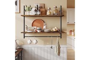 Bestier Industrial Pipe Wall Shelf, 80cm Floating Shelves with Towel Bar and Hooks, Rustic Wall-Mounted Storage Rack for Kitchen, Bathroom, Coffee Bar or Living Room (Rustic Brown)
