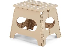 VECELO Folding Stool 28cm, Non-Slip Surface Portable Foldable with Carry Handle, Heavy Duty to Support Kids/Toddler/Adults for Living Room Kitchen, Bathroom, Khaki