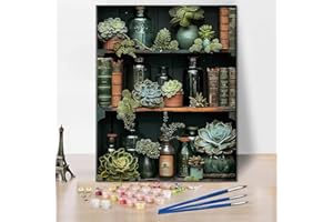 TISHIRON Malowanie według liczb, dla dorosłych, początkujących, bogate w szczegóły regały z sukulentami, zestaw kolorowych tablic dla dorosłych, literatura klasyczna, butelki, farby wodne, zestaw do