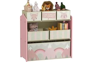 ZONEKIZ Kids Storage Unit, Childrens Toy Storage Organiser, with 6 Fabric Bins, for Bedroom, Nursery, 63 x 30 x 66cm, Pink