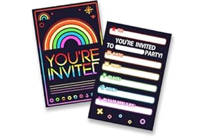 GHKJOK Neon Rainbow Party Invitations 40 Pack Kids Birthday Cards Boys Girls School Disco Festival Celebration Glow Theme Party Invites Colourful Kids Birthday Invitations
