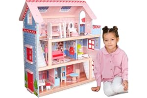 Infantastic® XXL Maison de Poupée - 60,5x71x32,5cm, 3 Étages, en Bois, Lumières LED, Accessoires Inclus - Jouet Enfant, Cadeau Enfant