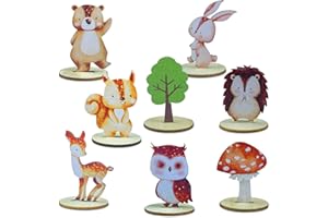 QIMEYU Holz Tischaufsatz mit Waldtieren,Geburtstag Deko Waldtiere,Tortendeko Waldtiere,16 Stück Wald Tiere Figuren mit Holzsockel,Waldtiere Tischdekorationen,Tischaufsätze Waldlager für Kindergeburtstag Deko