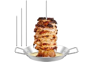 Alongen BBQ Vertical Skewer, Stainless Steel Barbecue Spit Grill Rack Stand with 3 Removable Spikes and Handle for Whole Chicken, Fish, Sausage, Steak