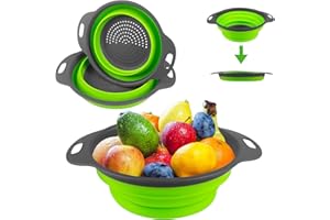 Newpop 2 Pezzi Scolapasta Pieghevole, 2 Dimensioni Colapasta Silicone Pieghevole, Facile da Pulire Lavandino del Silicone Colander per Scolare Pasta, Verdura e Frutta (Verde 25+29cm)