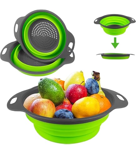 Set 2 Scolapasta Pieghevoli In Silicone - Verde, Con Ganci Adesivi, Lavabile In Lavastoviglie