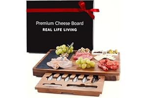 REAL LIFE LIVING Premium Large Charcuterie Board Gift Set. Acacia Wood Luxury Cheese Board with Stainless Steel Knives, Slates and Bowls. Housewarming Gift, Wedding Gift for Couple, Bridal Shower Aperitif Board