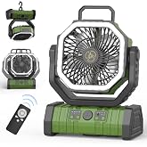 OUWANCH Camping Fan 20000mAh with LED Light &ndash; Desk Fan with USB Cable, Portable, Remote Control, Hook and 270&deg; Rotation, for
