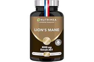 LABORATOIRES NUTRIMEA LIONS MANE – 8000 mg – Champignon Hericeum Erinaceus – Extrait 20:1 Titré à 20% en Polysaccharides – Crinière de Lion Hautement Dosé – 60 Gélules Vegan – Nutrimea – Expertise Française
