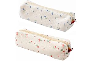 mkemka Big Capacity Cute Pencil Case Set for Girls 2 Pack Pink Blue Portable Canvas Pen Bags with Small Floral Design Ideal for Student Stationery Storage