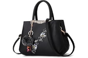 DIRRONA Moda Bolsos de Mano Elegantes Flores Bordadas Bolsa de Hombro Viajes Casual Gran Capacidad PU Cuero Tote Bolsos Escuela Diario Bolsos Cruzados Con Adornos de Pompones Negro A