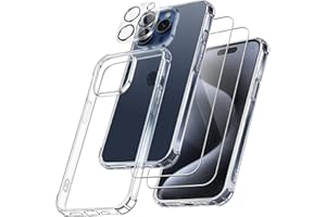 FLLAO 4 en 1 Funda para iPhone 15 Pro con 2 Protector Pantalla y 1 Protector Lente Cámara, [Almohadilla de Aire integrada] Antigolpes Antiarañazos TPU Suave Carcasa