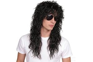 Werownsgso Peruk för män, 80-talsperuk, svart, lockig, lång, naturlig peruk, skiktad, för halloween, karneval, cosplay