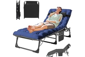 MOPHOTO Sun Lounger for Garden, Heavy Duty sun loungers chair with padded and Headrest, guest bed,office bed,folding garden chairs Perfect for camping(Black+Blue)