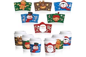 Faccito 48 Pièces Manchons de Tasse de Thé Café de Noël Manchons Jetables en Papier Ondulé pour Gobelet de 12 oz et 16 oz Manches de Tasse de Père Noël Bonhomme de Neige (Tasses Non Incluses)