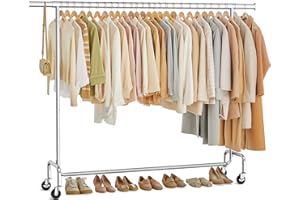 ‎SONGMICS SONGMICS Wieszak na ubrania na kółkach, Wieszak na ubrania, Wytrzymały, Rozsuwany drążek na ubrania, Nośność do 110 kg, 45 x (160-200) x 162,9 cm, Metalowy, Chromowany, Srebrny HSR176E01