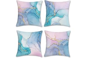 Bonhause Colorful Marble Cushion Covers 45 x 45 cm Pink Purple Blue Turquoise Watercolor Abstract Modern Decorative Pillow Covers for Sofa Bed Home Patio Decor Set of 4