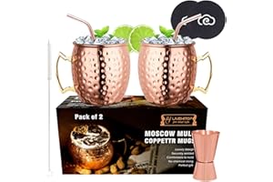 LIVEHITOP Moscow Mule Bicchieri Rame Set of 2, 530ml Rame Moscow Mules Tazze Accessori Cocktail, Festa, Bar, con Coaste (2)