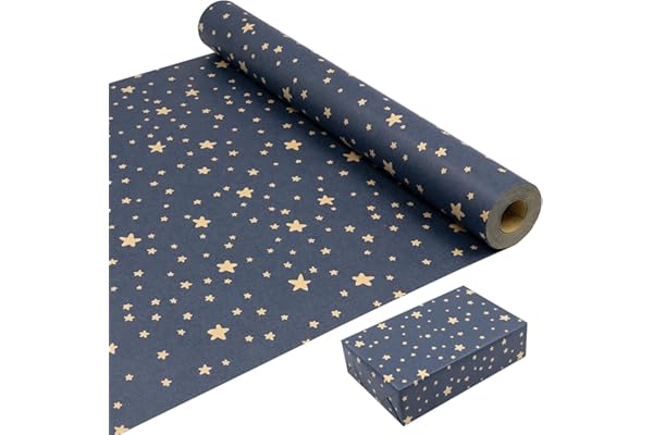Rouleau de papier cadeau pour anniversaire de 43 cm × 20 m, papier kraft bleu recyclable avec étoiles, convient pour Noël, anniversaire, fête, emballage de cadeau de mariage