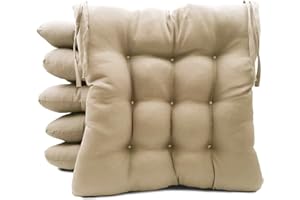 TIENDA EURASIA® Pack 6 Cojines para Sillas de Terraza - Funda de 100% Loneta Lavable y Relleno de Fibra Hueca Siliconada Acolchada - 40 x 40 x 5 cm (Beige)