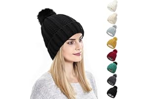 Kunyeah Berretto invernale da donna lavorato a maglia con pompon foderato in seta satinata, caldo cappello a tinta unita per donne e ragazze
