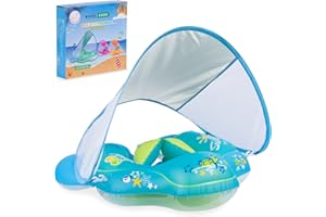 Inflatable Baby Swimming Pool Float With Sun Canopy Shade - Upgraded Anti-Flip Seat - Infants 0-6, 3-6, 6-12, 12-18 Months, Toddlers 1-4 Years Old, Kids - Outdoor Water Swim Ring Floatie BufulCode
