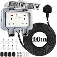 Outdoor Extension Lead Waterproof 10m, External Power Electrical Cable, Outside IP66 Weatherproof Double Plug Sockets for Garden Hot Tub