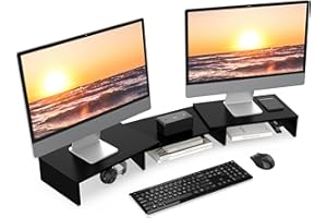 FITUEYES Supporto Monitor Supporto per Monitor in Legno con Lunghezza e Angoli Regolabili per 2 Monitor 92,5-108 x 23,5 x 10,2cm (Nero) DT108001WB