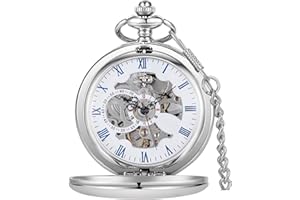 Tiong Vintage Pocket Watch Mechanical Steampunk Skeleton Roman Numerals Pocket Watches Pendant with Chain & Gift Box for Men