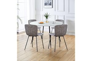 Hallowood Furniture Cullompton Large Round Dining Table and Chairs Set 4, White Marble Effect Kitchen Table with Grey Leather Effect Fabric Chairs, Dining Room Set for Home, Cafe